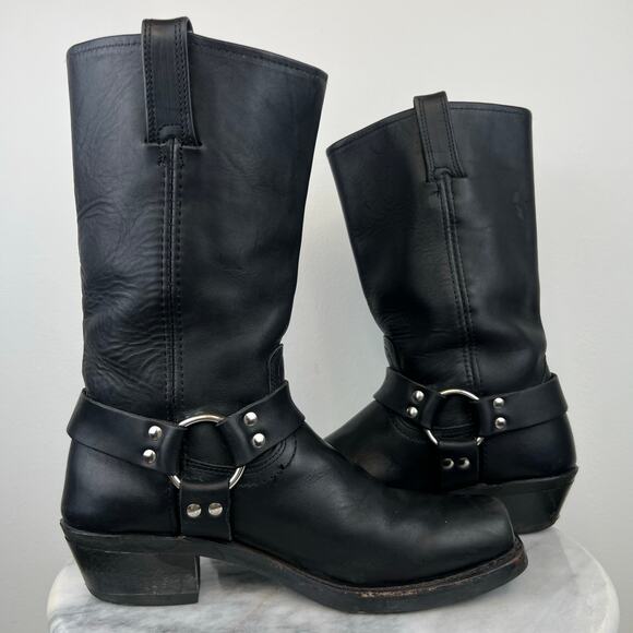 Frye Harness Black Leather Moto Mid-Calf Block Heel Square Toe Boots (Sz 10) - Picture 4 of 14